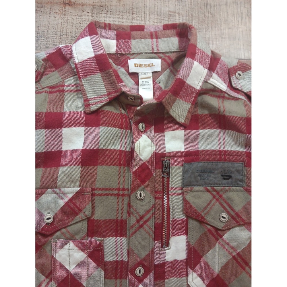 Diesel Flannel Shirt Mens XL Red Plaid Checked Button Western 3026